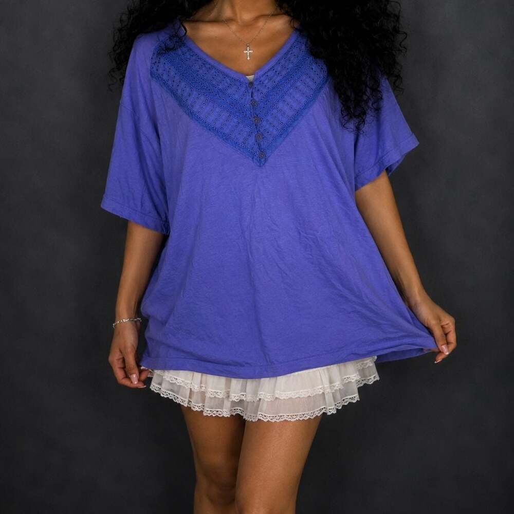 St. John's Bay Women's Plus Size Purple V-Neck Top with Eyelet Lace Detail